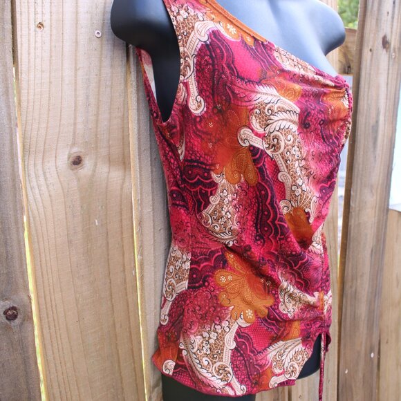 Mode V One Shoulder Paisley Top Red Orange Ruched Side Y2K Size M - Picture 3 of 6